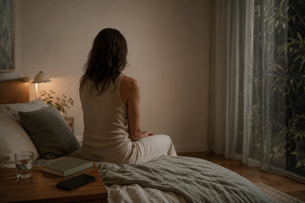 Woman sitting awake on the edge of her bed during a restless night