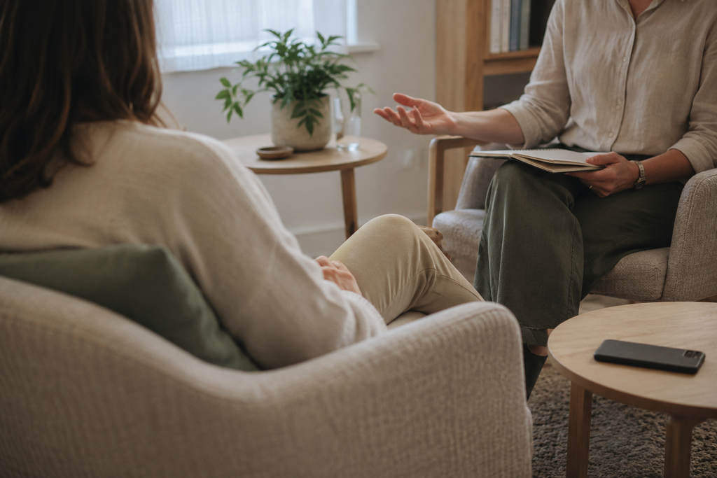 Client speaking with a hypnotherapist during a calm one-to-one sleep therapy session