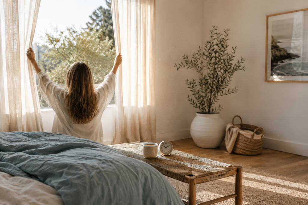 Woman opening bedroom curtains after waking from a restful night's sleep