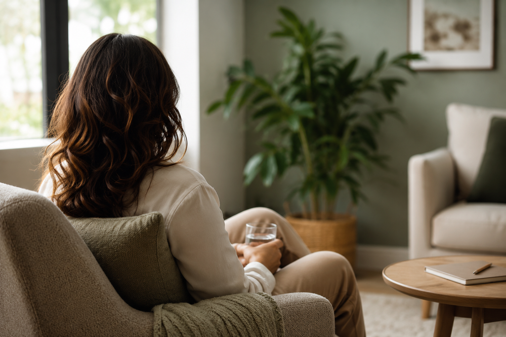 Woman sitting calmly in a comfortable therapy room before a hypnotherapy session
