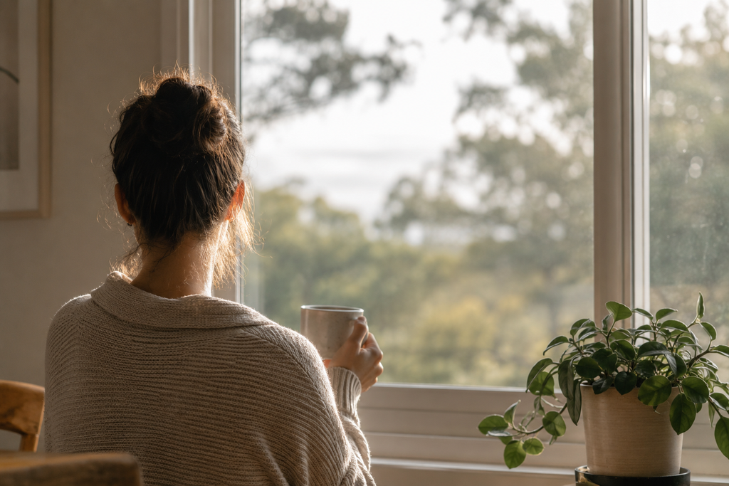 Woman holding a warm drink by a window during a calm and mindful morning routine