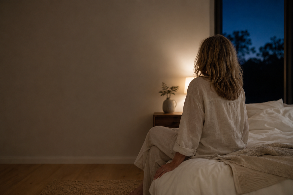 Woman sitting on the edge of a bed at night