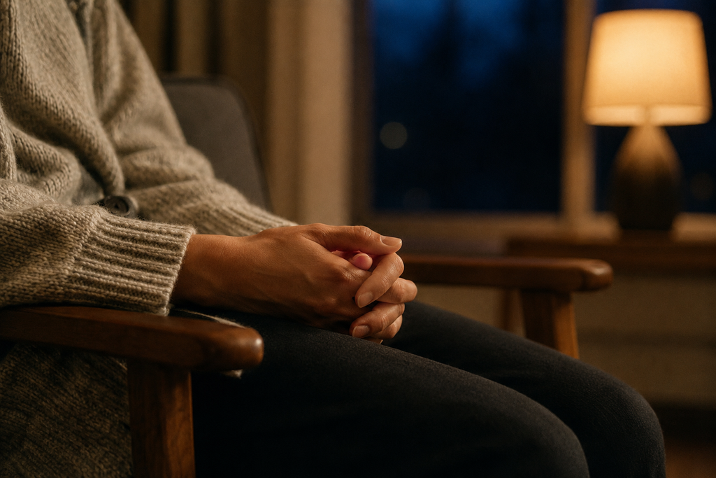 Person sitting quietly with hands clasped at night