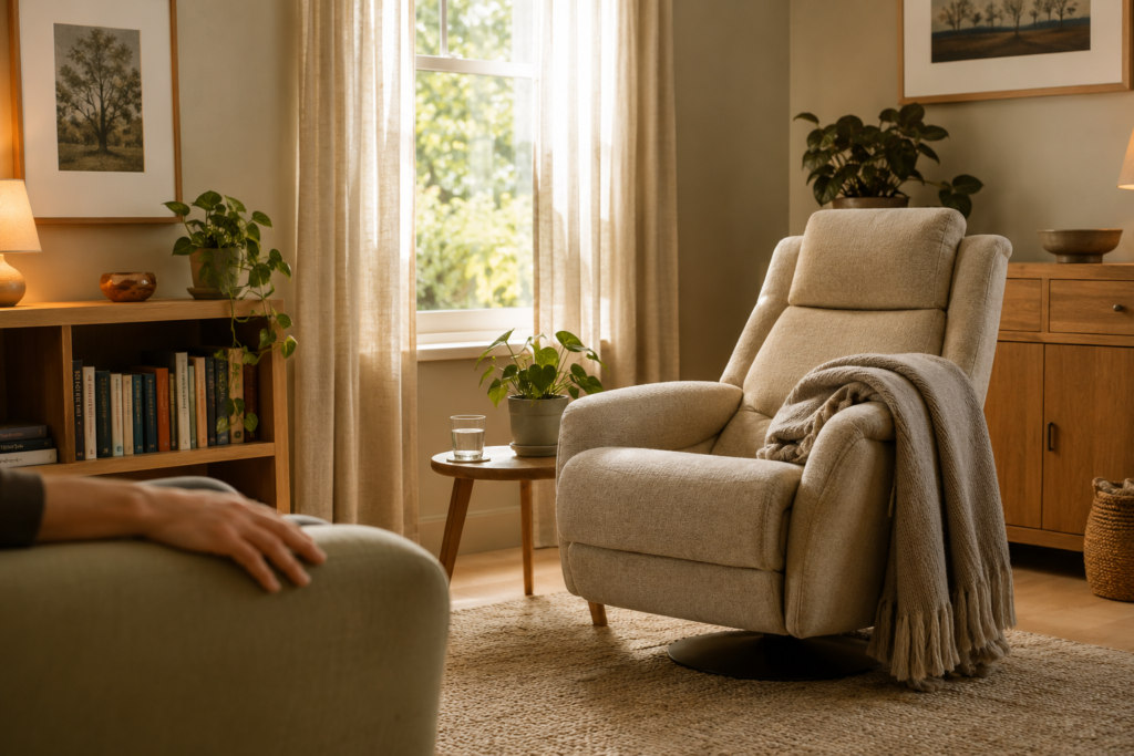 Warm and welcoming hypnotherapy room with a comfortable reclining chair, soft lighting and indoor plants