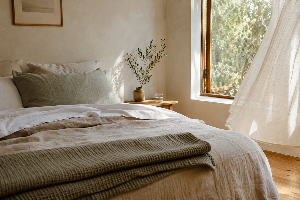 Bright, peaceful bedroom with natural light