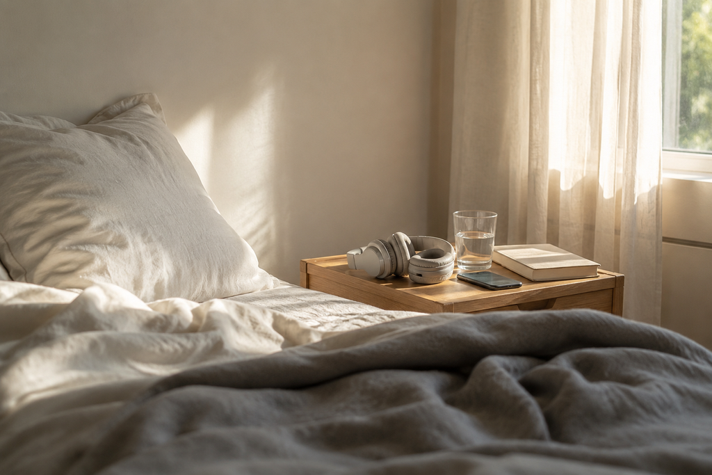 Peaceful bedroom with soft bedding and natural morning light