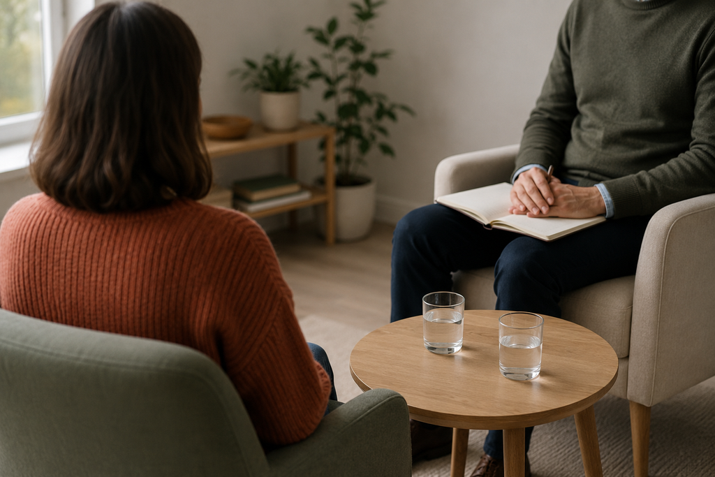 Client speaking with a therapist during a calm therapy session