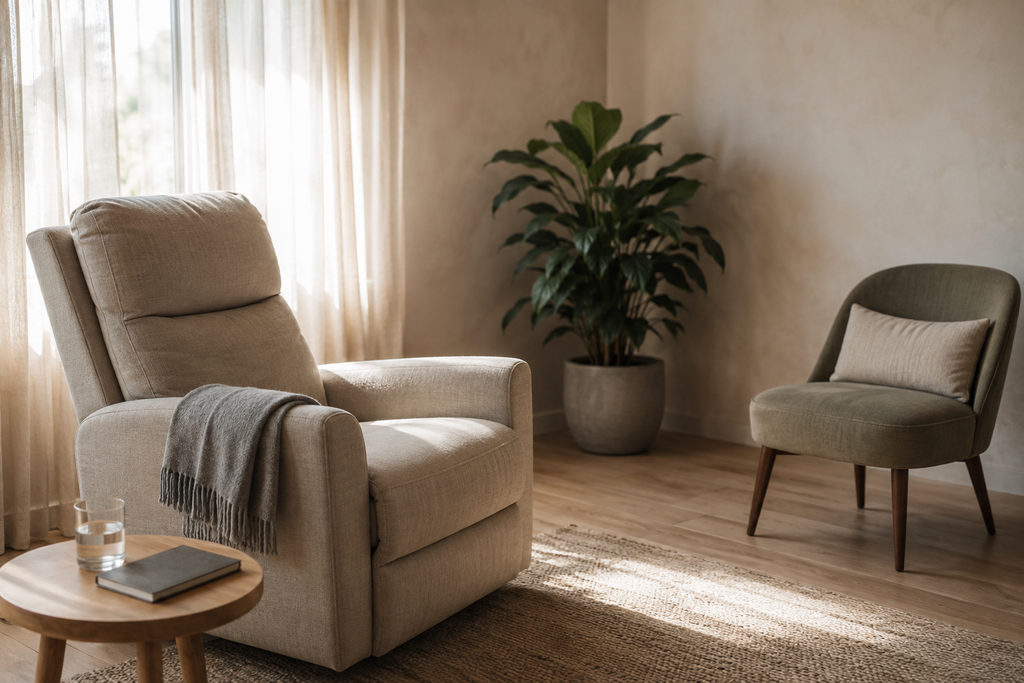 Quiet therapy room with comfortable chairs and natural light