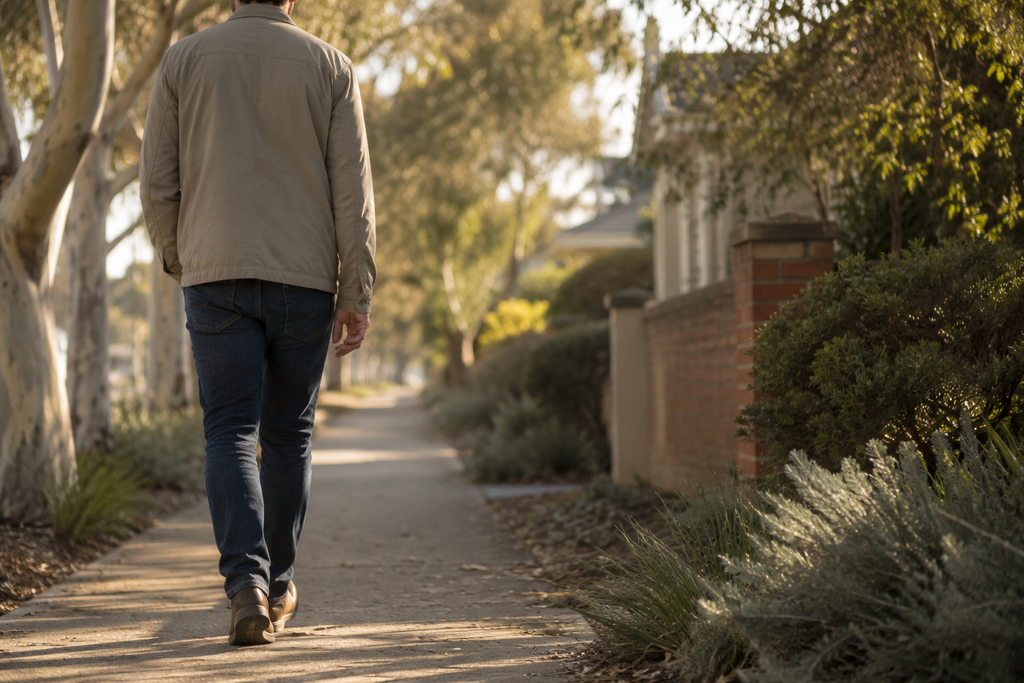 Person taking a peaceful walk along a quiet suburban path