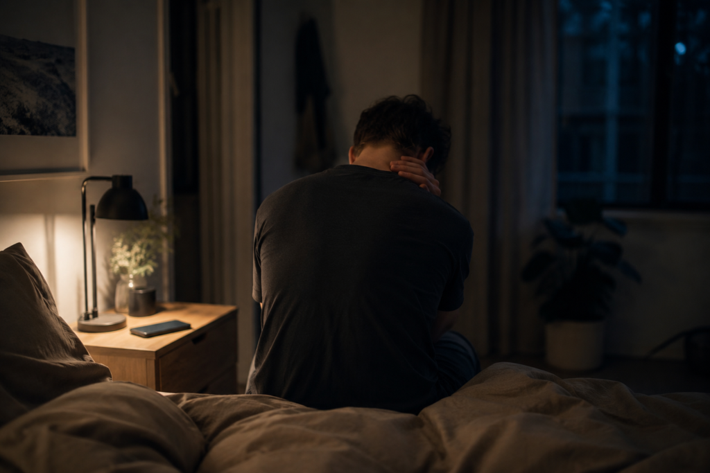 Person sitting on the edge of a bed at night while holding their neck and experiencing distress