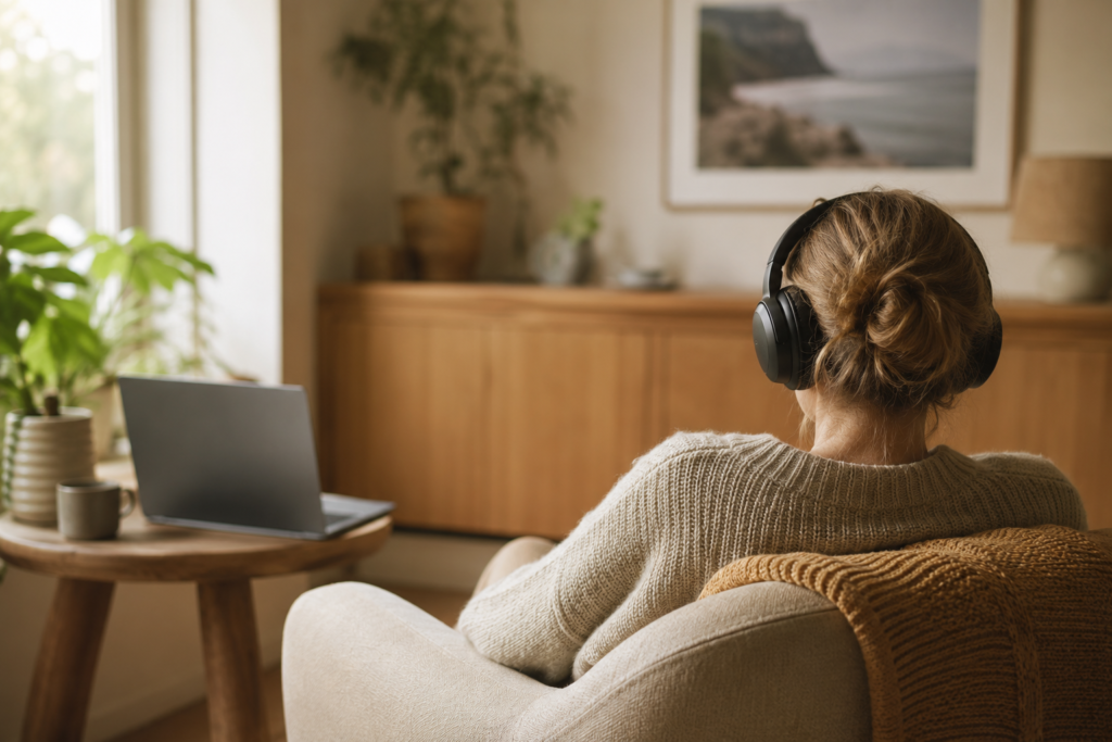 Woman wearing headphones and attending an online hypnotherapy session from a comfortable chair