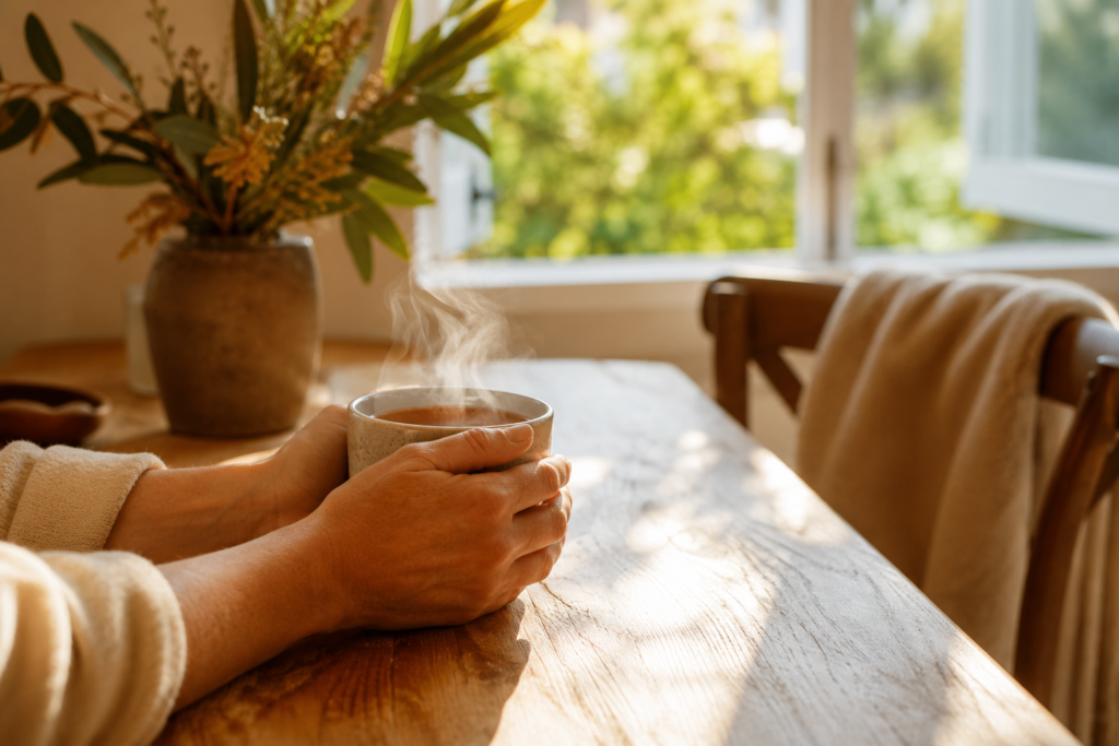 Person holding a warm drink beside an open window as part of a calming anxiety-relief routine