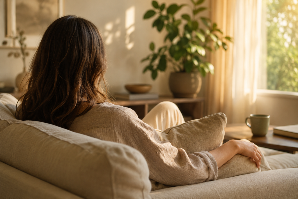 Woman resting calmly on a sofa in a warm, sunlit living room after experiencing anxiety