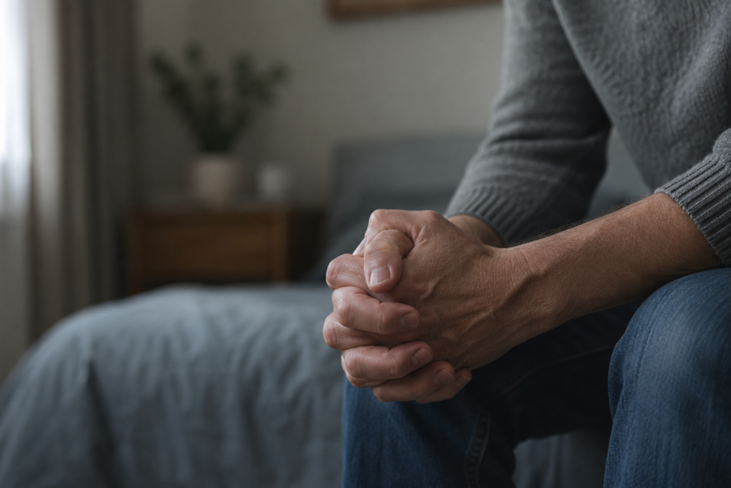 Close-up of a man sitting with clasped hands while experiencing stress and nervous tension